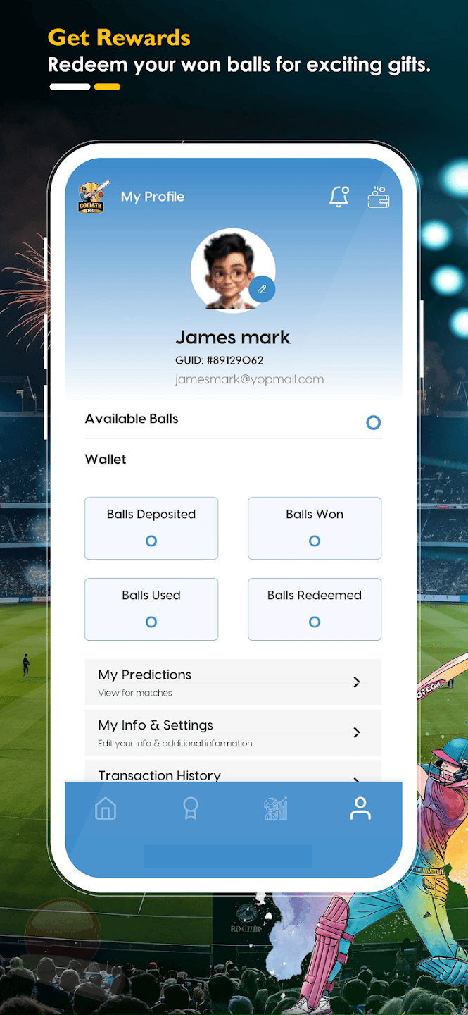 Goliath101 app — Ball Room wallet screen
